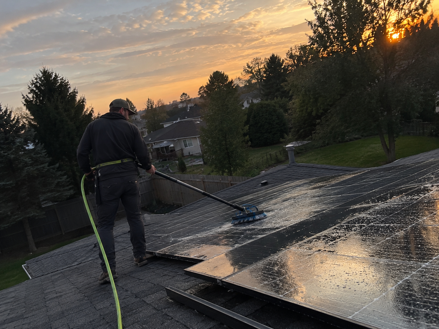 Brushing solar panels at sunset