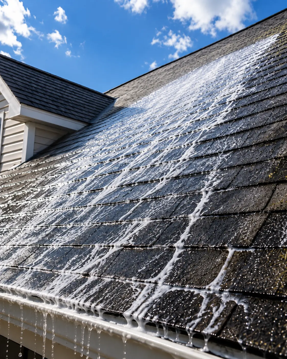 Shingle roof being soft washed to remove black streaks