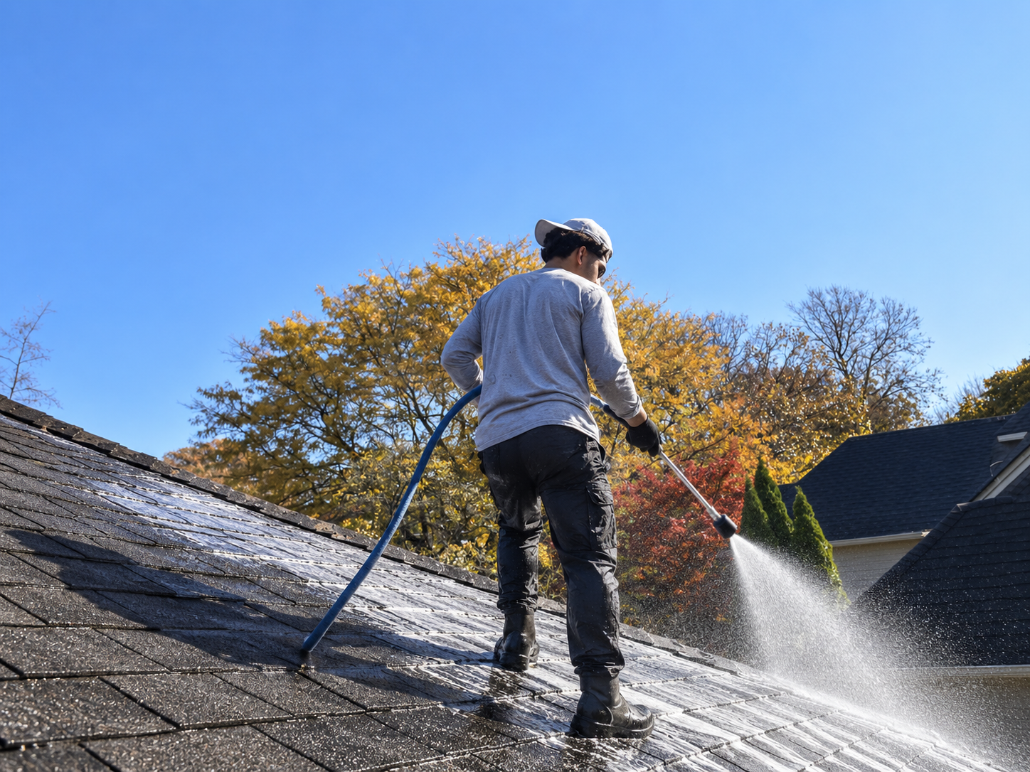 Roof cleaning on an autumn day