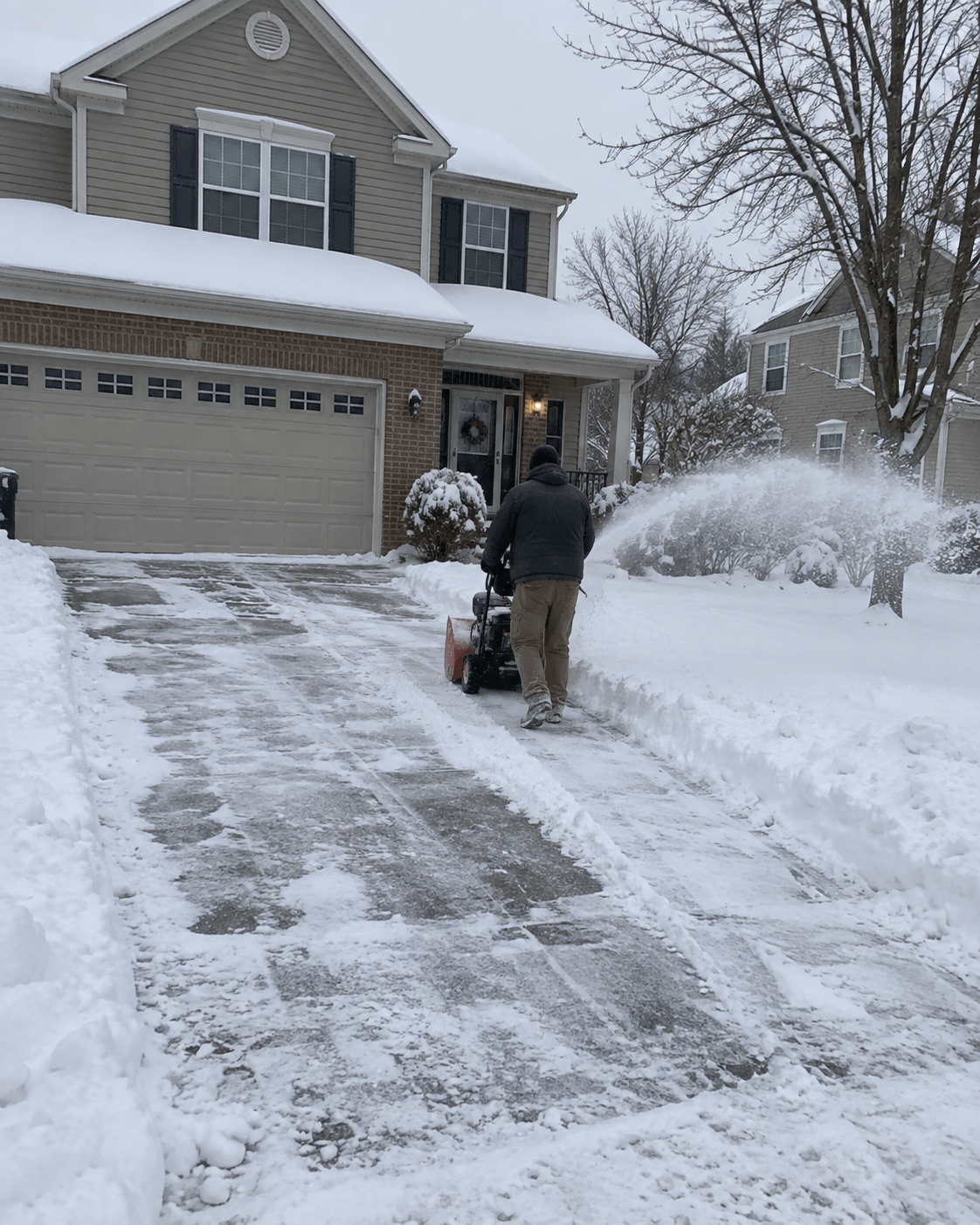 Snowblowing a driveway after a snowfall