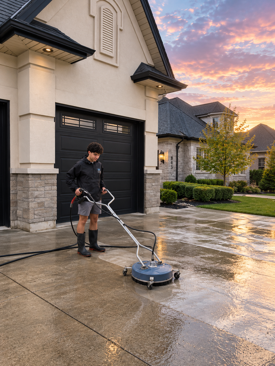 Concrete driveway being pressure washed clean