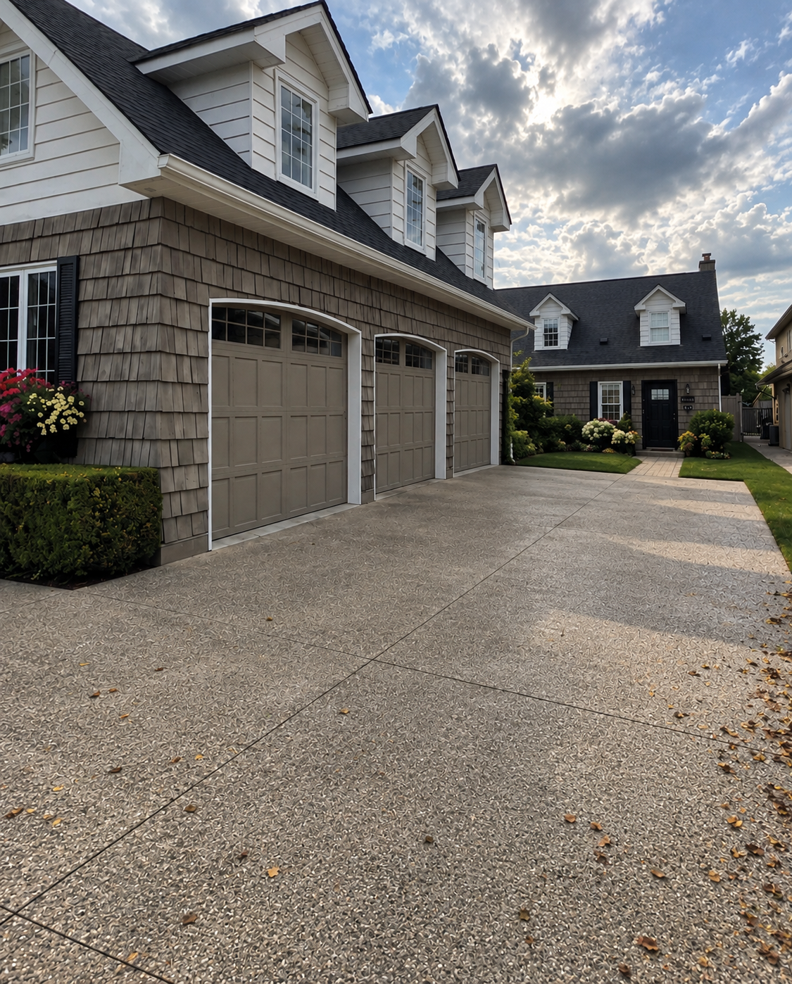 Clean concrete driveway in front of a shingle-sided home with three garage doors