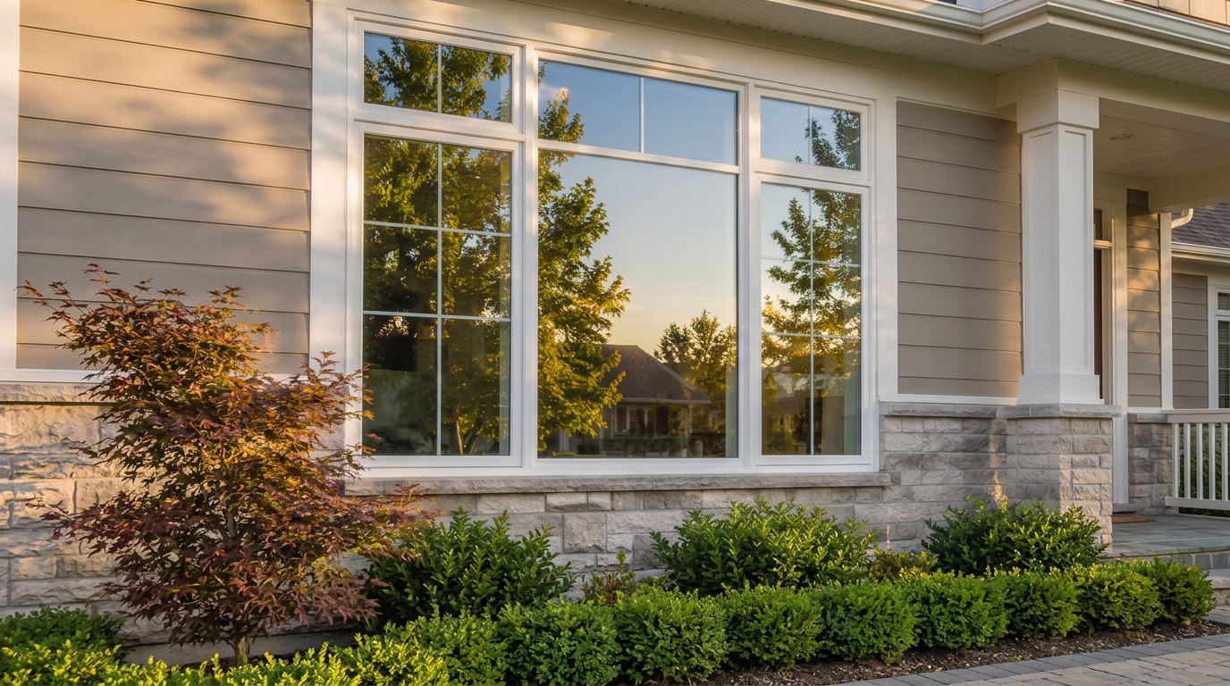 Two-storey home with bright, streak-free windows and tidy front landscaping
