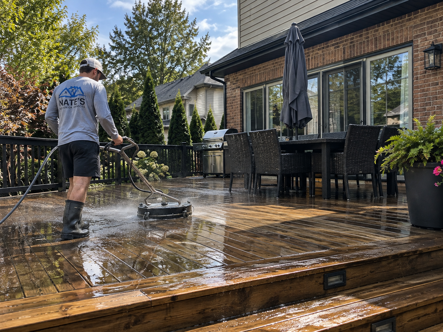 Power washing a backyard deck