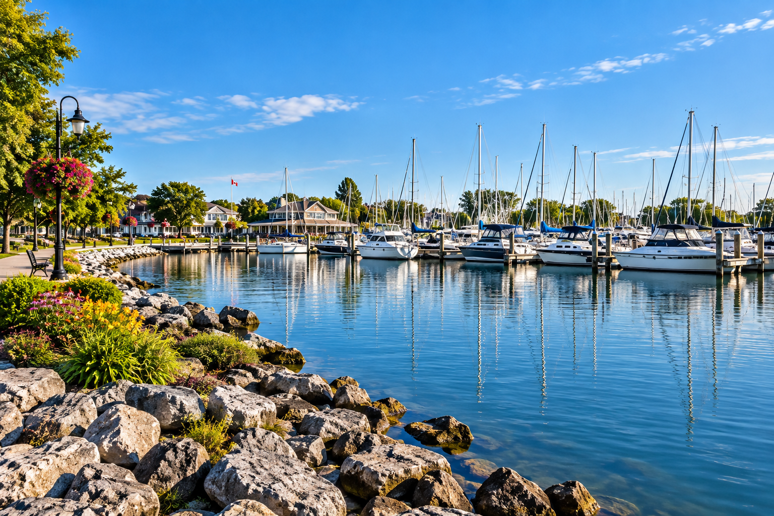 Leamington marina filled with sailboats on a calm, sunny day
