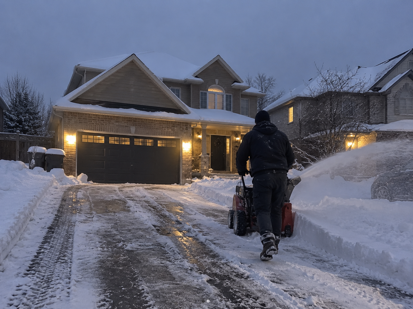 Snowblowing a driveway at dusk