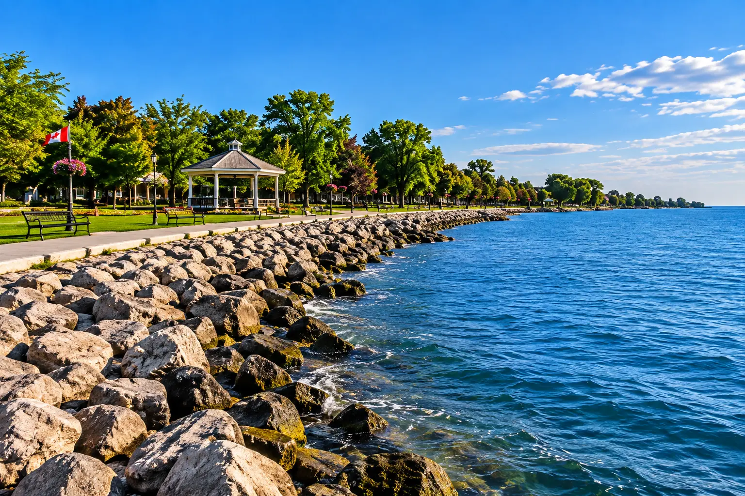 Tecumseh waterfront park and gazebo along Lake St. Clair on a sunny day