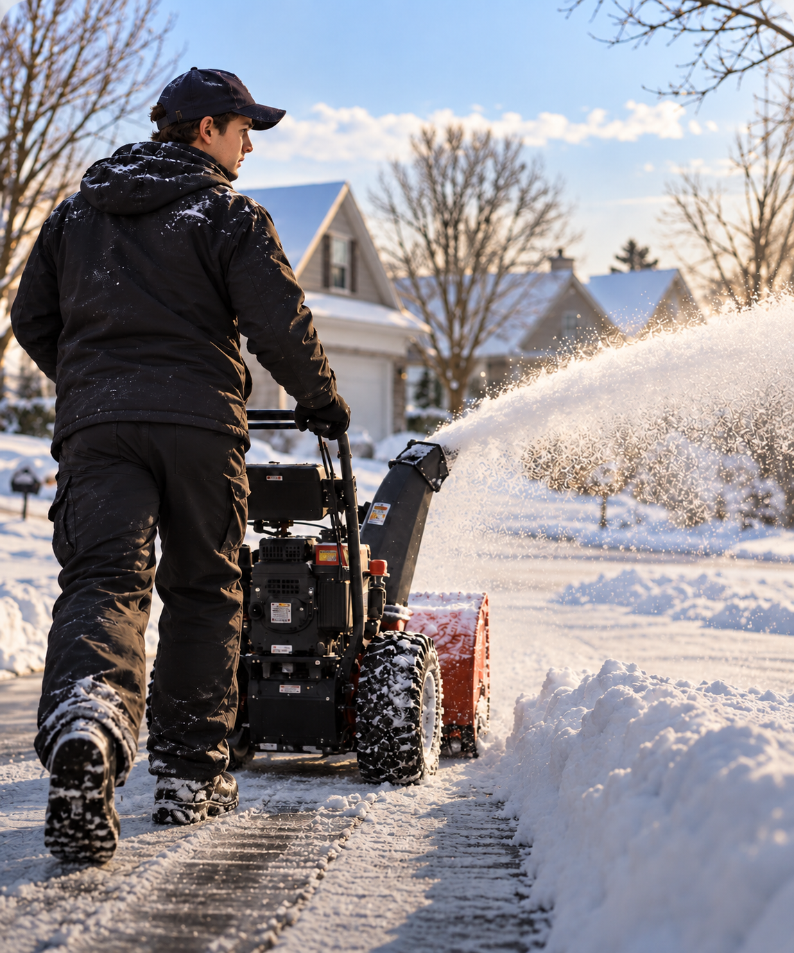 Worker clearing deep snow from a residential driveway