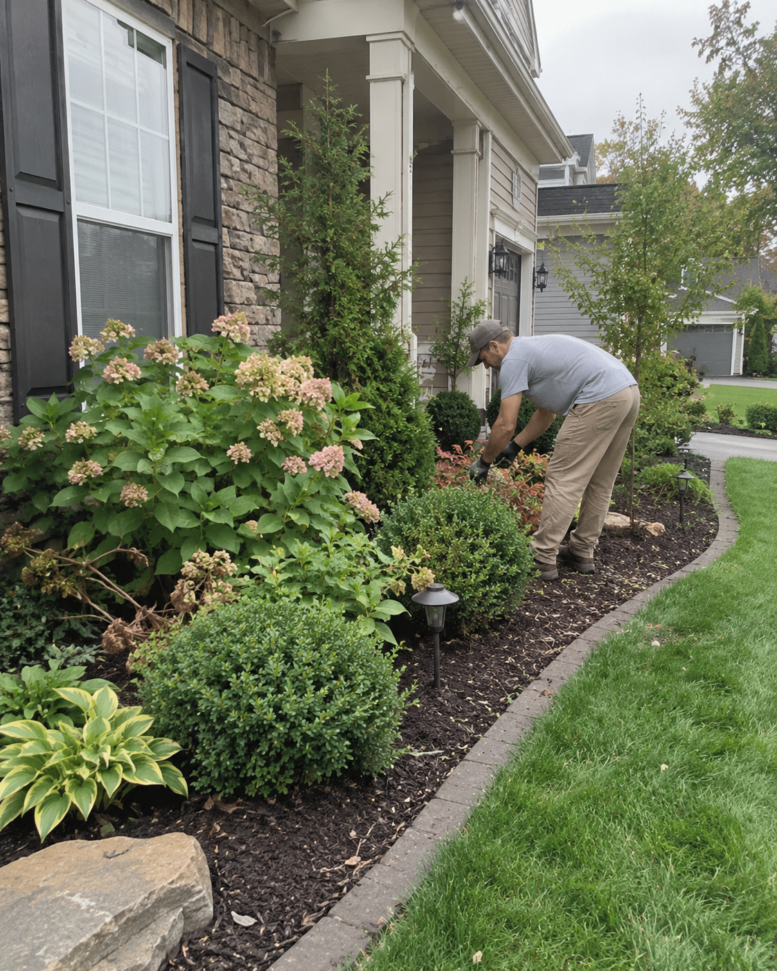 Tending a mulched flower bed