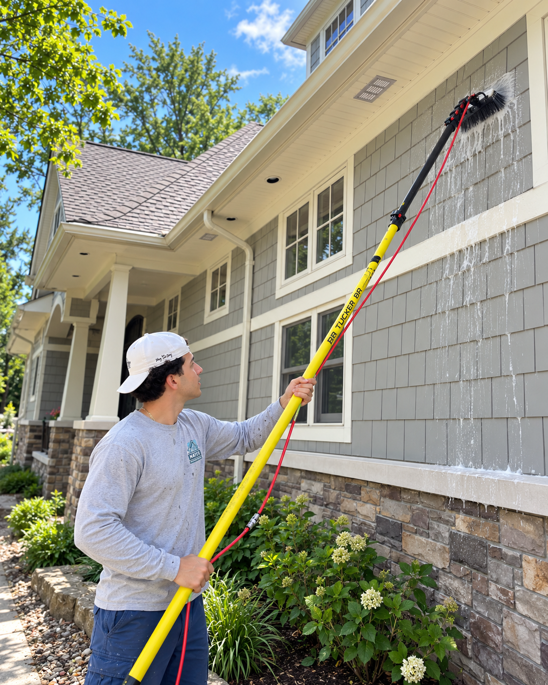 Soft washing grey siding with a brush pole